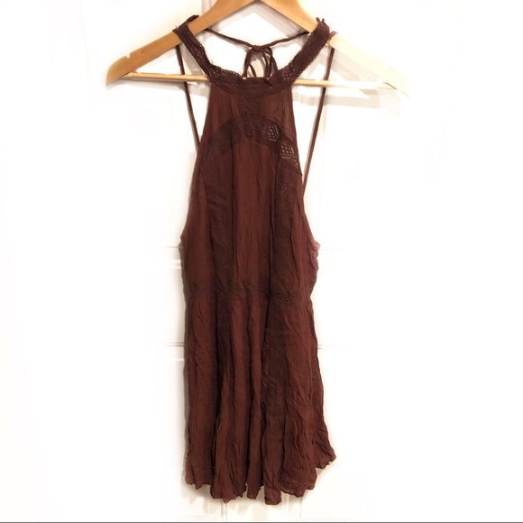 Free People Rust Falling for You Slip Halter Mini Dress Brown Lace - Picture 3 of 10
